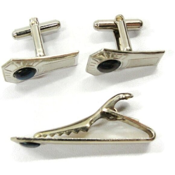 Cufflinks Tie Bar Set Stamped Steel Blue Green Stone Tux Shirt Suit Vintage - Picture 3 of 7